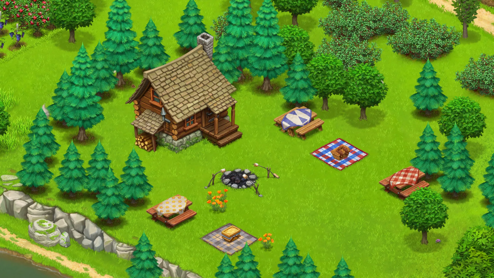 Log cabin and campfire in the pine woods — Country Life Meadows