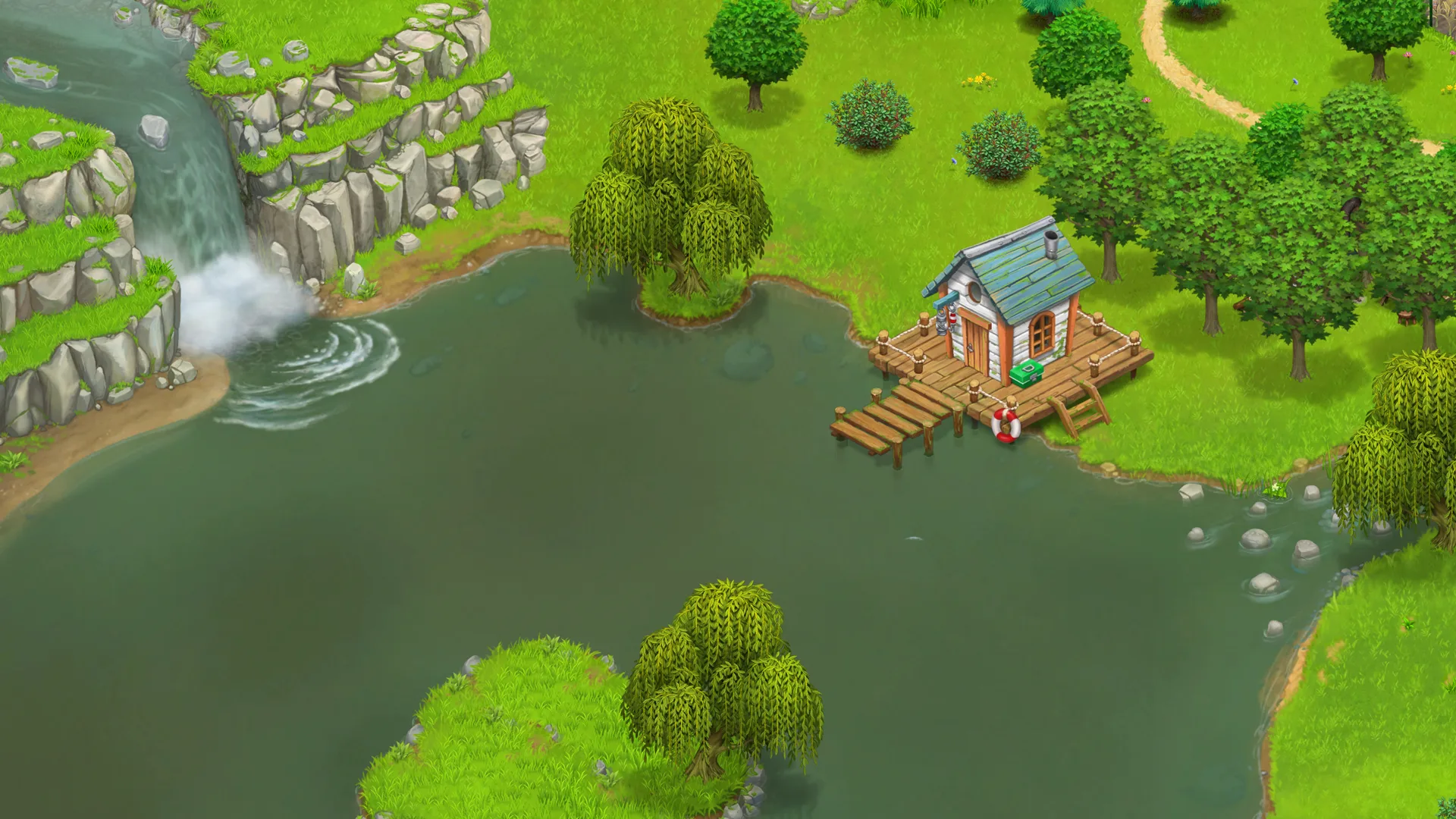 Lakeside fishing hut with waterfall — Country Life Meadows