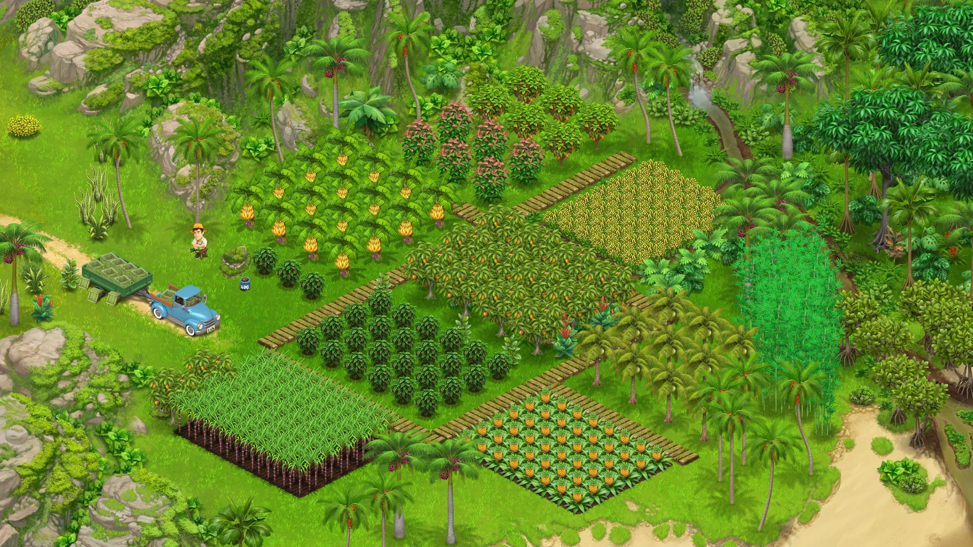 Tropical island farm with palms and pineapples — Country Life Meadows
